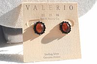 Photo of Valerio sterling silver genuine amber earrings on original card showing amber stones and patina
