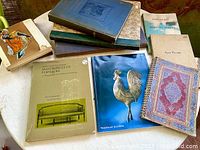 Photo showing nine historical and reference books spread on a table, covering antiques, furniture, porcelain, art, and architecture topics.