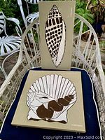 Two framed Marüshka silkscreen shell prints shown on white metal chair outdoors. One print is square with scallop and spiral shell design, the other is vertical with elongated spotted shell design.