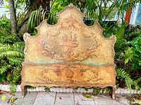 Full painted Florentine style bed frame headboard showing tall shaped top and overall finish