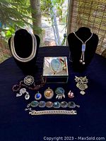 Overview of all jewelry and mirrored trinket box on black cloth with greenery background.