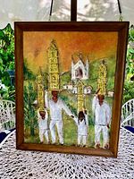 Front view of original oil painting showing title scene with three figures carrying architectural structures on their heads, signed on back, framed in wood frame.
