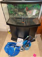 Front view of glass aquarium on black stand with aquarium supplies on floor nearby including blue bucket, mesh bag, and box of accessories.