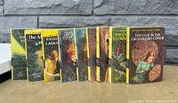 Nine hardcover Nancy Drew mystery novels with classic yellow Grosset & Dunlap spines showing titles and numbers, standing upright on a concrete surface against stone backdrop.