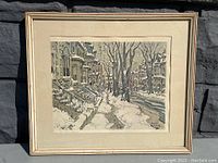 Framed print showing a winter street scene on Upper Peel Street in Montreal, snow-covered sidewalks, trees, buildings, signed 'Little 1964'.