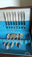 Open storage case showing 8 forks, 8 spoons, and 8 knives arranged in slots on blue fabric lining with white upper lining.