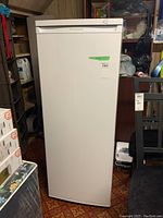 Front view of closed white Frigidaire freezer in basement setting