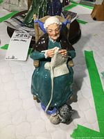 Front view of Royal Doulton Twilight figurine showing elderly woman knitting with cat at feet.