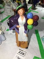 Front view of Royal Doulton Balloon Lady figurine showing detailed facial features, outfit, and colorful balloons.