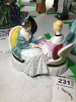 Photo showing front and side view of Royal Doulton figurine 'Heart to Heart' by model number HN2276 with two women seated on cushioned sofa.
