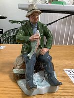 Front view of Royal Doulton fisherman figurine holding a fish, showcasing detailed facial expression and attire.