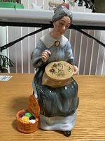Front view of the Royal Doulton figurine showing seated elderly woman embroidering with hoop and basket of yarn beside her.