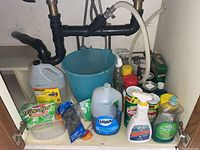 Wide view of miscellaneous cleaning supplies under a sink, including a blue bucket, multiple plastic bottles of dish soap, vinegar container, steel sponges, and cleaning sprays.