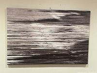 Front view of abstract black and white wall art painting, showing horizontal brush strokes and texture, measuring about 40x60 inches.