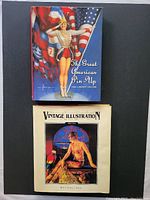 Front covers of two hardcover books: 'The Great American Pin-Up' with a patriotic pin-up girl, and 'Vintage Illustration' featuring a woman and parrot illustration.