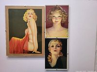 Three vintage pin-up girl prints displayed for size comparison, two 5x7 and one larger 7x9.75, showing color and style.