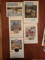 Five Canadian Pacific Rail menus laid flat showing front covers from dates 1926, 1927 (x2), 1937, 1939 with handwritten year notes.