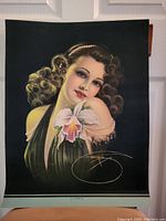 Full image of vintage pin-up calendar print showing entire artwork with black background.