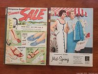 Front and back covers of 1955 Simpsons-Sears Summer Sale and Mid-Spring catalogs showing vintage shoe advertisements and women modeling spring fashion.