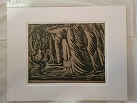 Full view of Arnold Belkin block print with surrounding white matte paper, showing the entire artwork with black and beige hues and human-like figures.