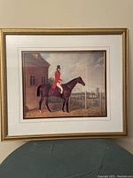 Full front view of the framed print showing the English gentleman on horseback in traditional riding attire and a cityscape background.