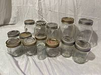 Photo showing all 14 glass canning jars with lids arranged on a white surface, various sizes and shapes.
