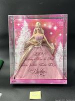 Full view of the 2009 Holiday Barbie doll in its original box with holiday-themed packaging.