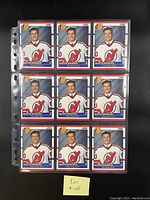 Front side of nine Martin Brodeur rookie cards in plastic binder sleeve displaying player in New Jersey Devils uniform.