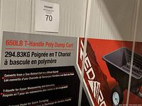 Close-up photo of product labeling with specs and key features including load capacity, T-handle, and conversion ability.