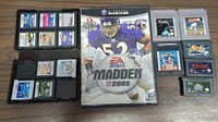 Image of multiple Nintendo game cartridges and GameCube Madden 2005 game in case, showing game labels and condition.