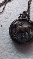 Front cover close-up showing detailed 3D horse figure on bronze pocket watch cover with chain on textured background.