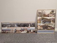 Framed Colorado Then & Now poster and Harpers Ferry collage poster side by side on floor showing relative size and framing.
