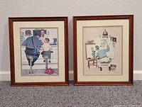 Photo of two framed Norman Rockwell prints side by side, showing the full front view of each framed print with wooden frames, mats, and detailed illustrations.