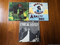 Photo showing all three album covers laid on wooden floor: Shine on Brightly, A Salty Dog, and Procol Harum self-titled.