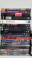 Stack of DVDs including Stripperella, Space Ghost, Coffee, Akira, Aeon Flux, Freakazoid, Spawn (4 titles), Gargoyles (2 seasons), Ninja Scroll Wicked City, Vampire Hunter D (Special Edition and Bloodlust), and multiple Akira titles.