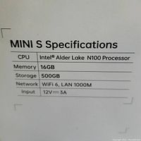 Specification label listing CPU, memory, storage, network and power input