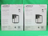 Image showing two boxed new old stock outdoor wall lanterns by Progress Lighting, Macstreet Collection, front view with model number P560220-031 visible.