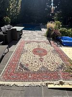 Carpet laid out on patio showing full field, central medallion and border