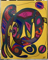 Front view of the acrylic painting showing the bold colorful Indigenous figures on yellow background.
