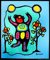 Front view of painting showing stylized bear and floral motifs against turquoise background