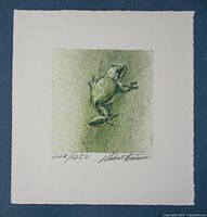 Close-up image of the limited edition lithograph showing a green tree frog on green textured background; shows the signature and edition number 228/1250.
