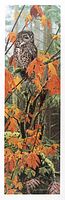 Full vertical print showing a spotted owl perched on a branch with orange autumn leaves in a forest setting.