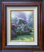 Full frontal image of framed canvas print showing wood frame, linen mat, gold liner and artwork