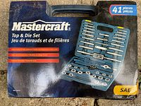 Box front showing Mastercraft branding, product details, and 41-piece count including SAE designation.