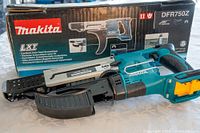 Makita cordless auto feed screwdriver with original box, showing model DFR750Z and LXT branding.