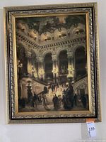 Frontal view of framed oil painting on canvas depicting a grand opera staircase scene