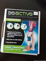 Box of BeActive knee brace showing product use and features with instructions and price tag.