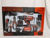 Front view of Black+Decker 20V lithium cordless drill and hand tools in sealed packaging.