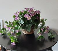 Full view of oversized faux trailing petunias arranged with cascading purple and white flowers and green leaves in a woven basket on table.