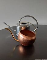 Two vintage watering cans, one copper and one silver, placed side by side showing their shape and spouts.